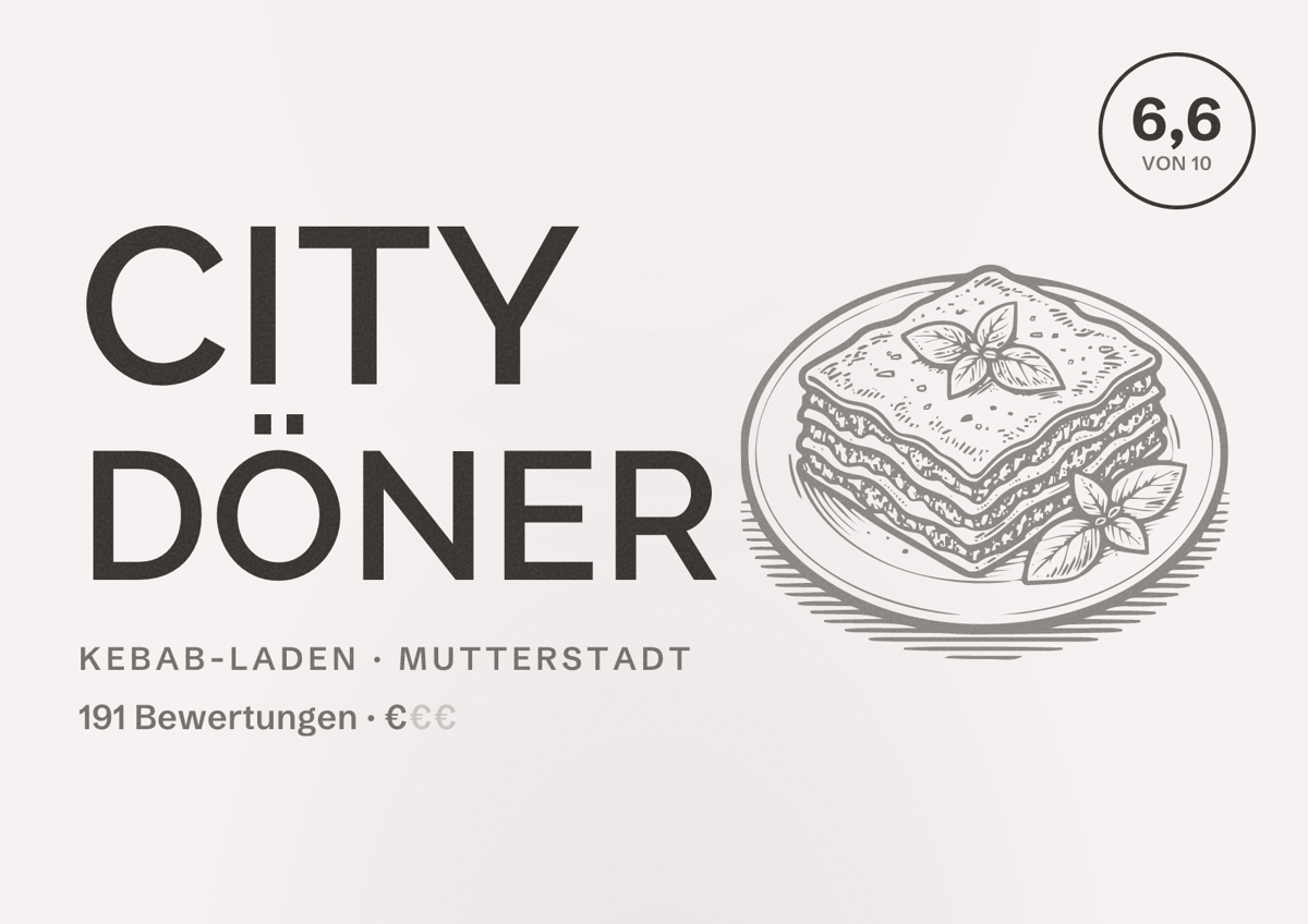 Illustriertes Poster von City Döner, Kebab-Laden in Mutterstadt: Bewertung 6,6 von 10 aus 191 Bewertungen, Preisniveau €