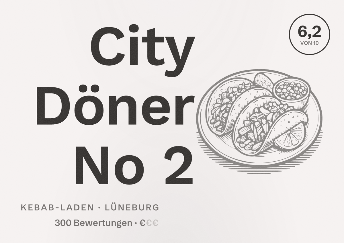 Illustriertes Poster von City Döner No 2, Kebab-Laden in Lüneburg: Bewertung 6,2 von 10 aus 300 Bewertungen, Preisniveau €