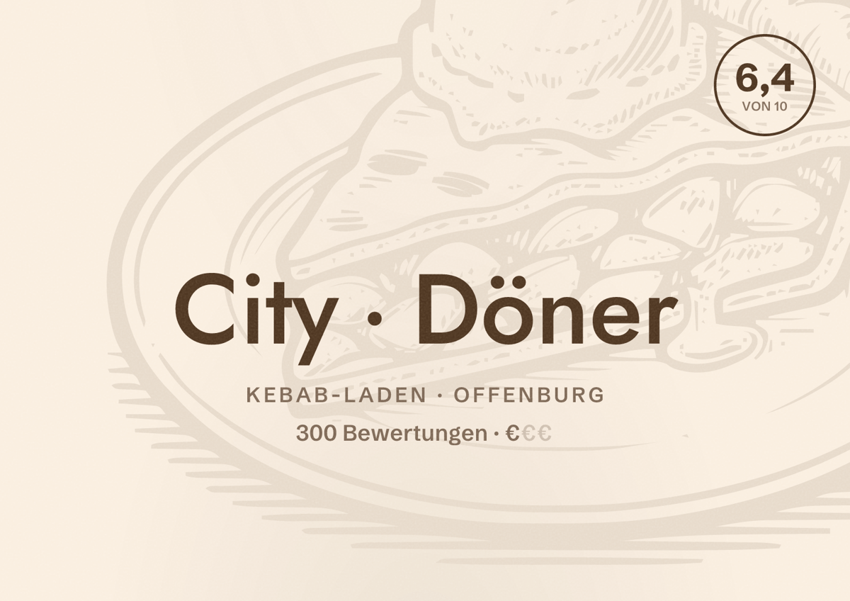 Illustriertes Poster von City Döner, Kebab-Laden in Offenburg: Bewertung 6,4 von 10 aus 300 Bewertungen, Preisniveau €