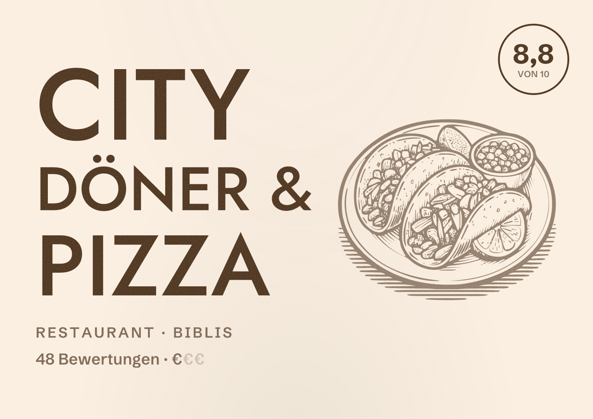 Illustriertes Poster von City Döner & Pizza, Restaurant in Biblis: Bewertung 8,8 von 10 aus 48 Bewertungen, Preisniveau €