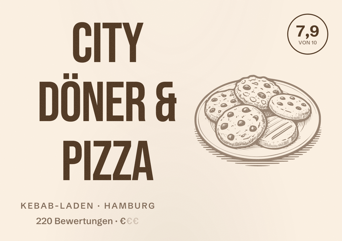 Illustriertes Poster von City Döner & Pizza, Kebab-Laden in Hamburg: Bewertung 7,9 von 10 aus 220 Bewertungen, Preisniveau €