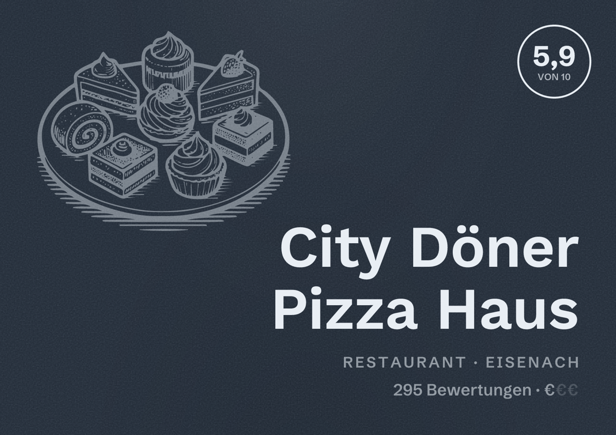 Illustriertes Poster von City Döner Pizza Haus, Restaurant in Eisenach: Bewertung 5,9 von 10 aus 295 Bewertungen, Preisniveau €