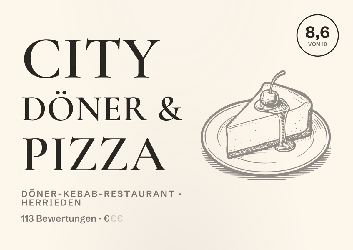 Illustriertes Poster von City döner & pizza, Döner-Kebab-Restaurant in Herrieden: Bewertung 8,6 von 10 aus 113 Bewertungen, Preisniveau €