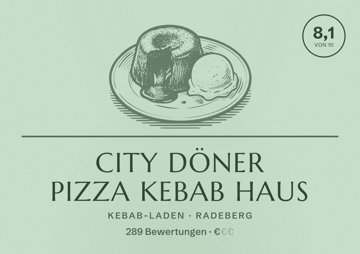 Illustriertes Poster von City Döner Pizza Kebab Haus, Kebab-Laden in Radeberg: Bewertung 8,1 von 10 aus 289 Bewertungen, Preisniveau €