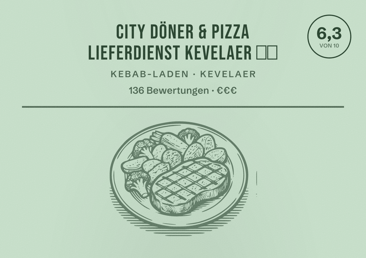 Illustriertes Poster von City Döner & Pizza Lieferdienst Kevelaer 🍕🥙, Kebab-Laden in Kevelaer: Bewertung 6,3 von 10 aus 136 Bewertungen, Preisniveau €€€