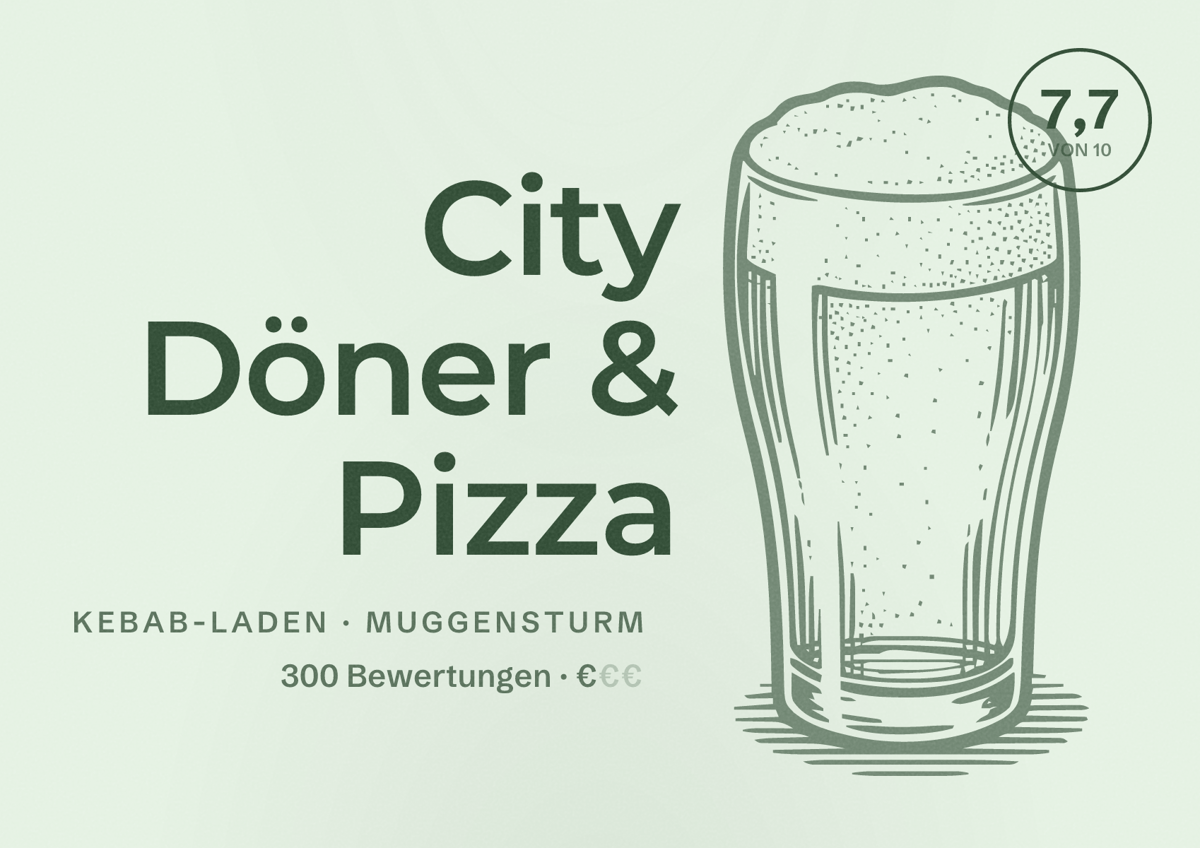 Illustriertes Poster von City Döner & Pizza, Kebab-Laden in Muggensturm: Bewertung 7,7 von 10 aus 300 Bewertungen, Preisniveau €