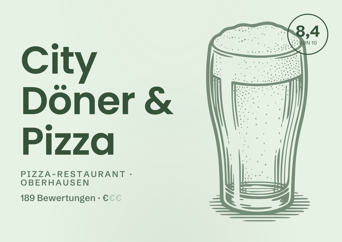 Illustriertes Poster von City Döner & Pizza, Pizza-Restaurant in Oberhausen: Bewertung 8,4 von 10 aus 189 Bewertungen, Preisniveau €