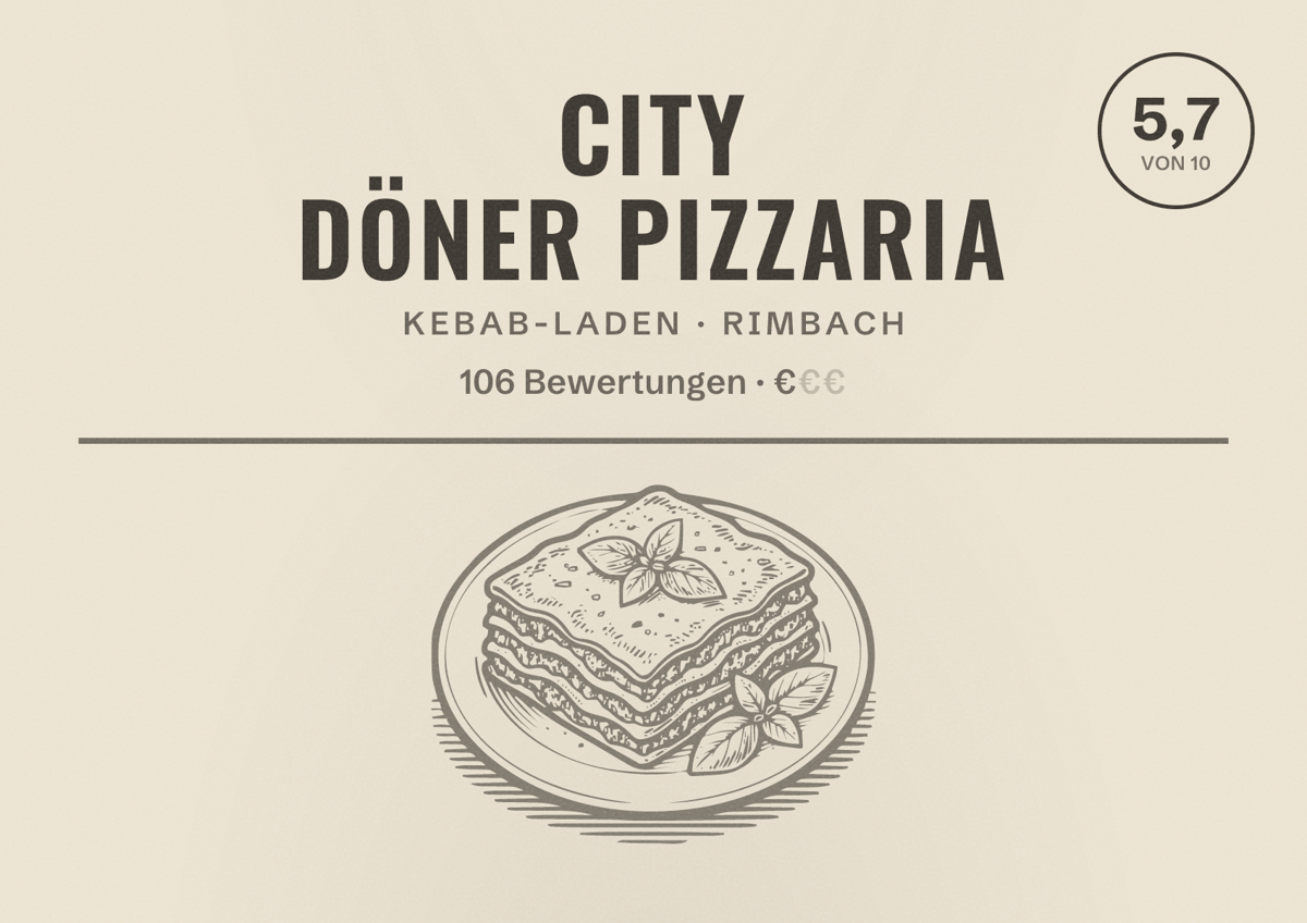 Illustriertes Poster von City Döner Pizzaria, Kebab-Laden in Rimbach: Bewertung 5,7 von 10 aus 106 Bewertungen, Preisniveau €