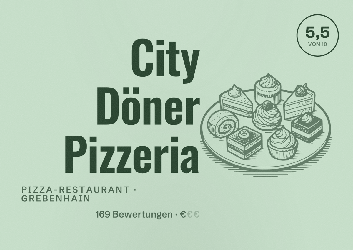 Illustriertes Poster von City Döner Pizzeria, Pizza-Restaurant in Grebenhain: Bewertung 5,5 von 10 aus 169 Bewertungen, Preisniveau €