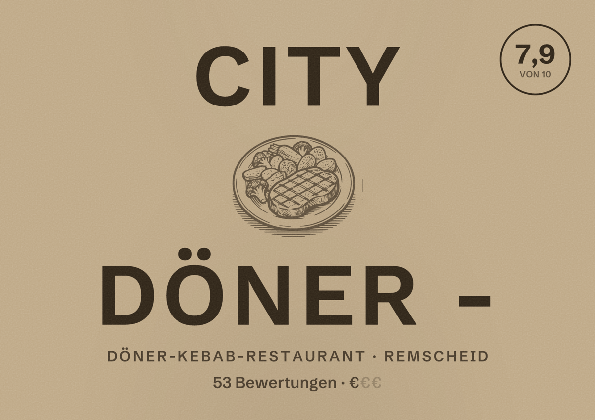 Illustriertes Poster von City Döner -, Döner-Kebab-Restaurant in Remscheid: Bewertung 7,9 von 10 aus 53 Bewertungen, Preisniveau €