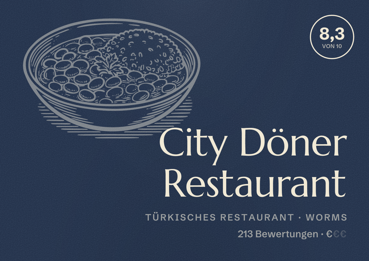 Illustriertes Poster von City Döner Restaurant, Türkisches Restaurant in Worms: Bewertung 8,3 von 10 aus 213 Bewertungen, Preisniveau €