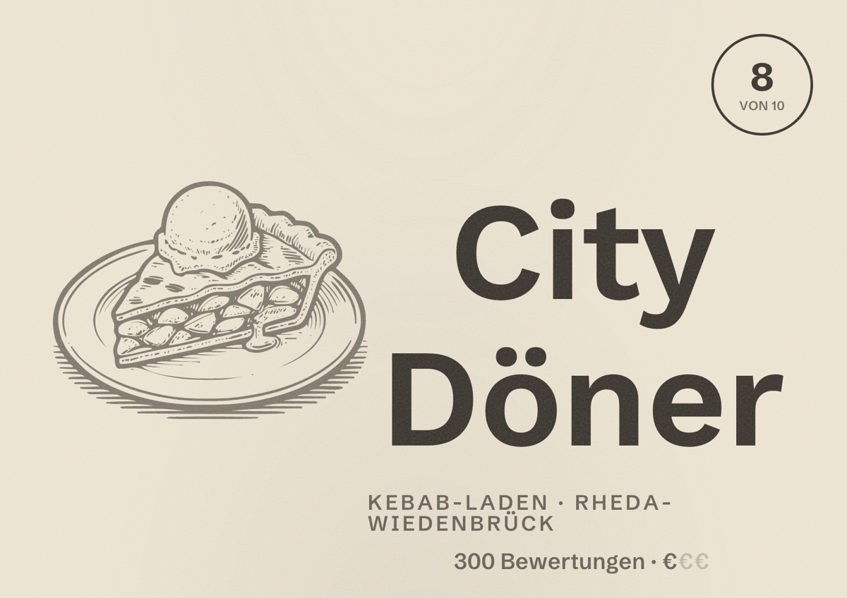 Illustriertes Poster von City Döner, Kebab-Laden in Rheda-Wiedenbrück: Bewertung 8 von 10 aus 300 Bewertungen, Preisniveau €