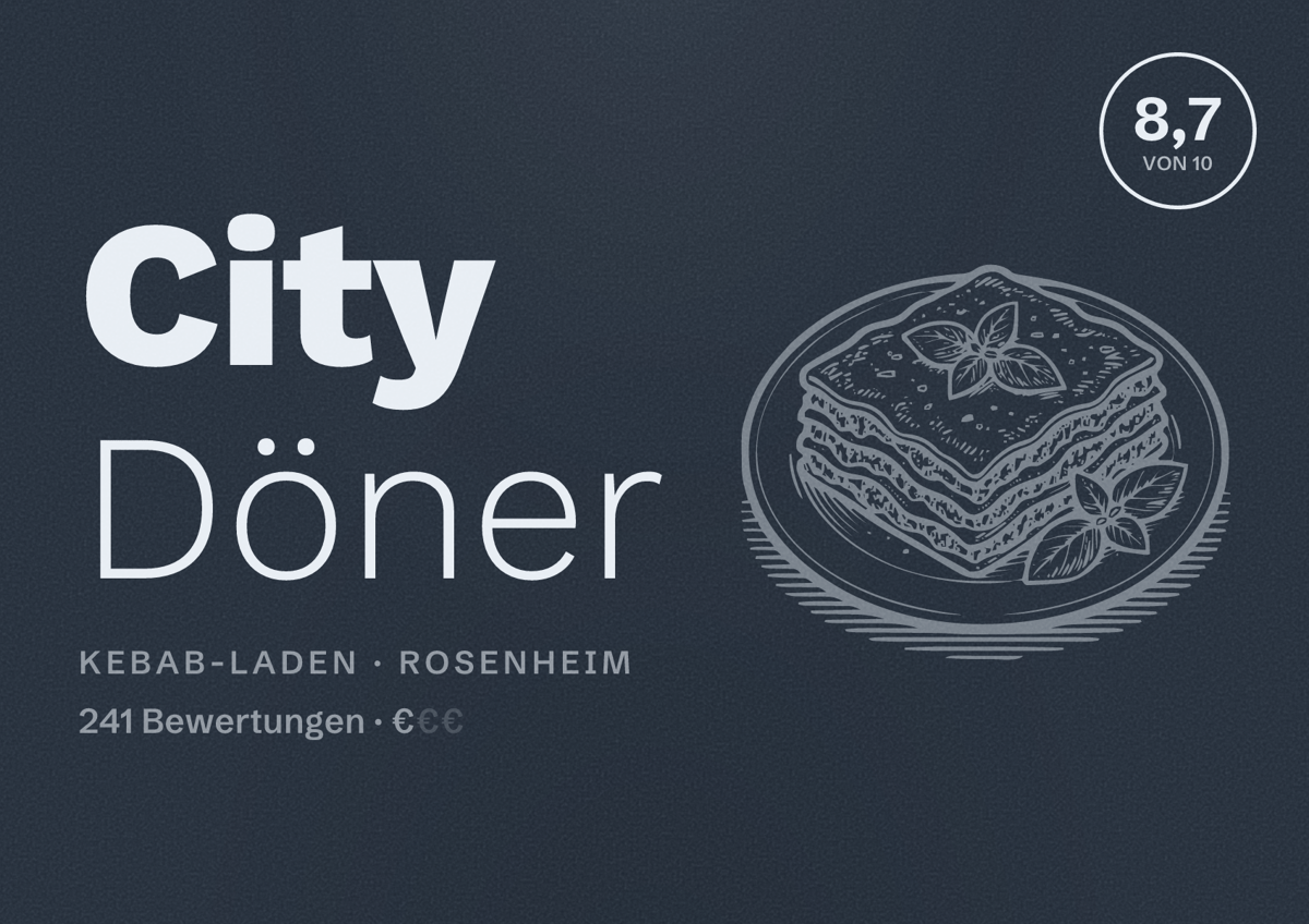 Illustriertes Poster von City Döner, Kebab-Laden in Rosenheim: Bewertung 8,7 von 10 aus 241 Bewertungen, Preisniveau €