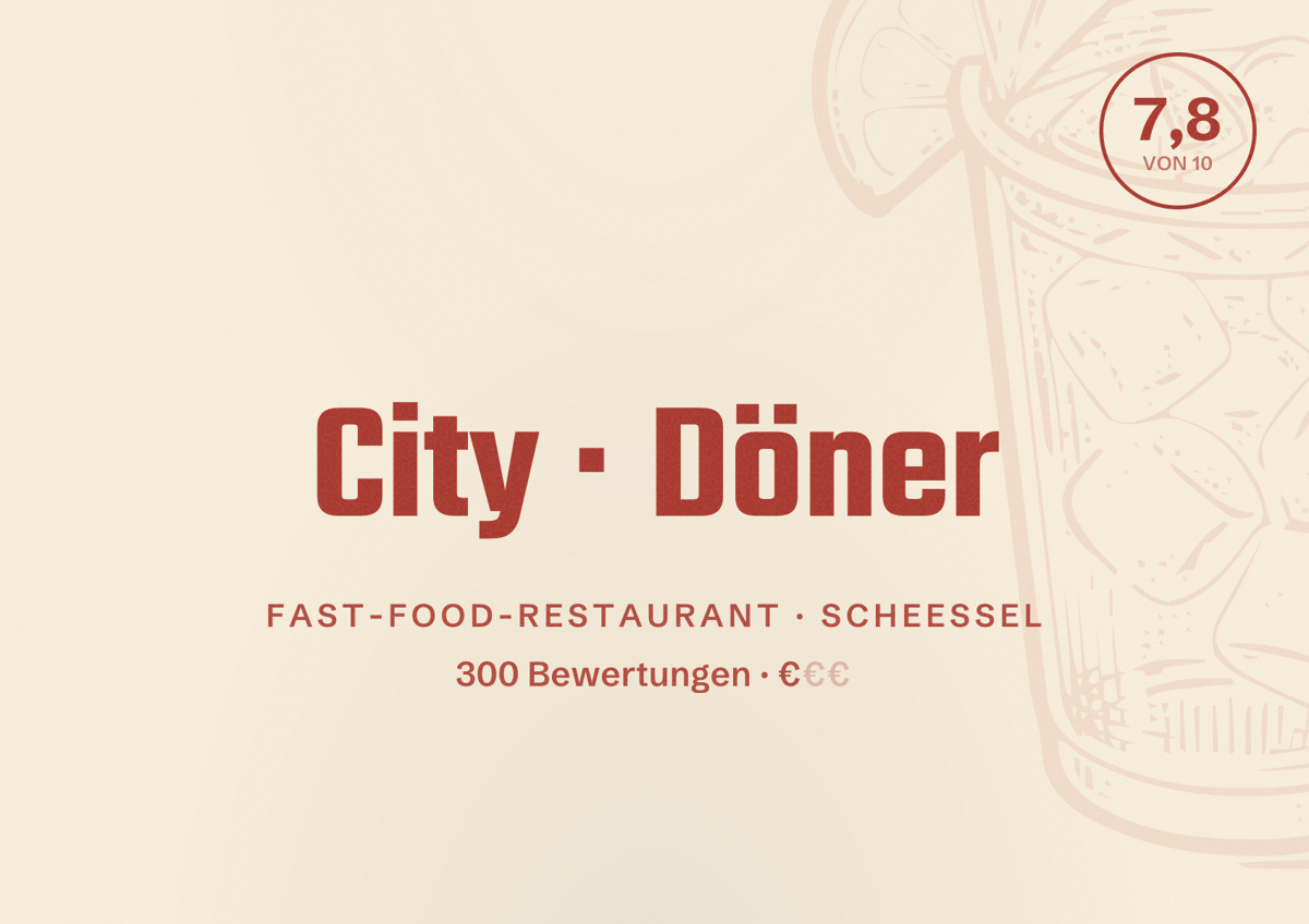 Illustriertes Poster von City Döner, Fast-Food-Restaurant in Scheeßel: Bewertung 7,8 von 10 aus 300 Bewertungen, Preisniveau €