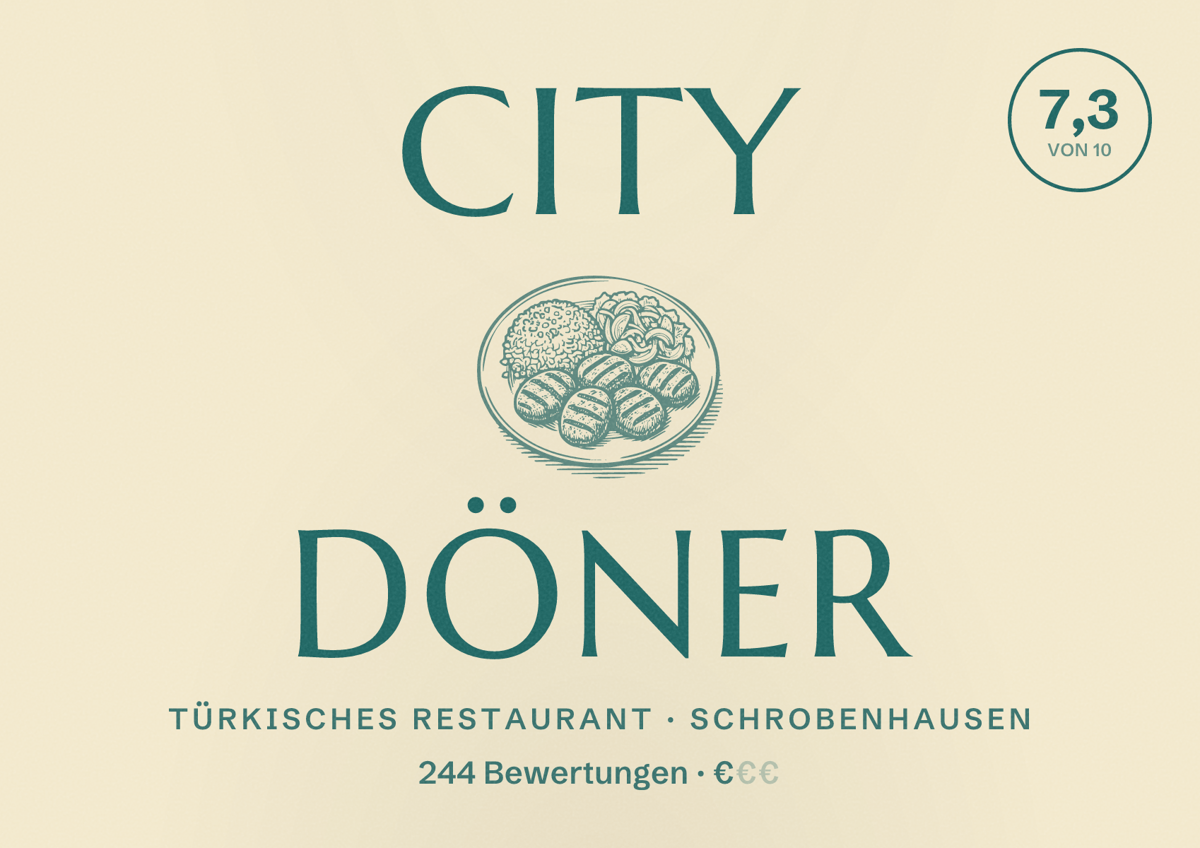 Illustriertes Poster von City Döner, Türkisches Restaurant in Schrobenhausen: Bewertung 7,3 von 10 aus 244 Bewertungen, Preisniveau €