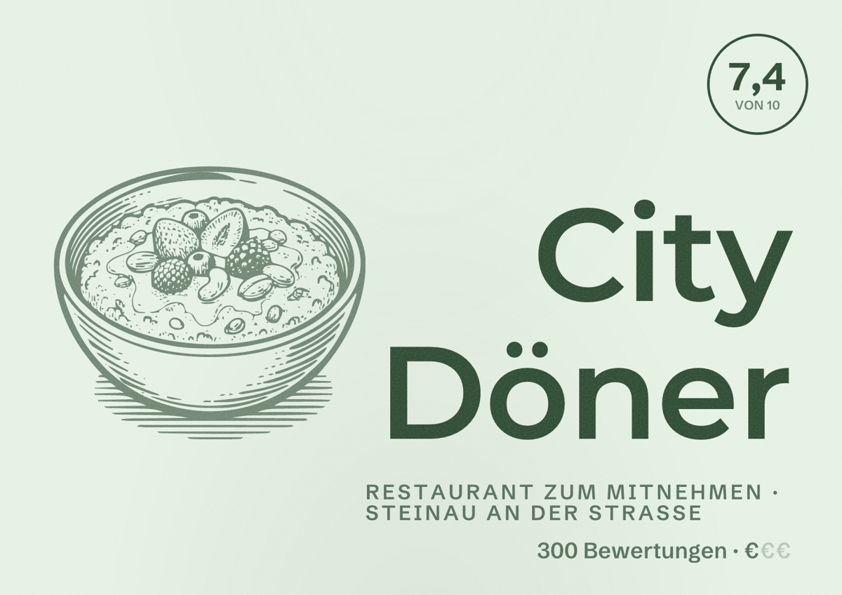 Illustriertes Poster von City Döner, Restaurant zum Mitnehmen in Steinau an der Straße: Bewertung 7,4 von 10 aus 300 Bewertungen, Preisniveau €