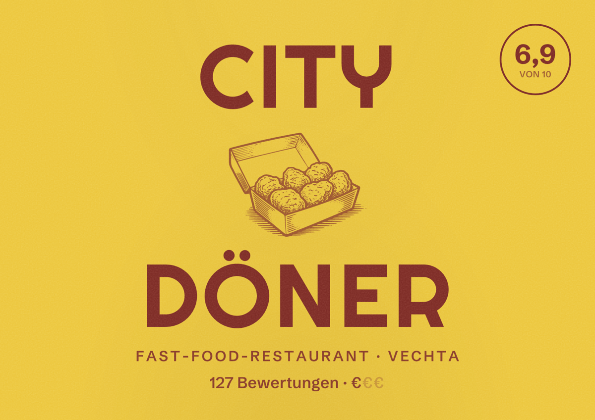Illustriertes Poster von City Döner, Fast-Food-Restaurant in Vechta: Bewertung 6,9 von 10 aus 127 Bewertungen, Preisniveau €