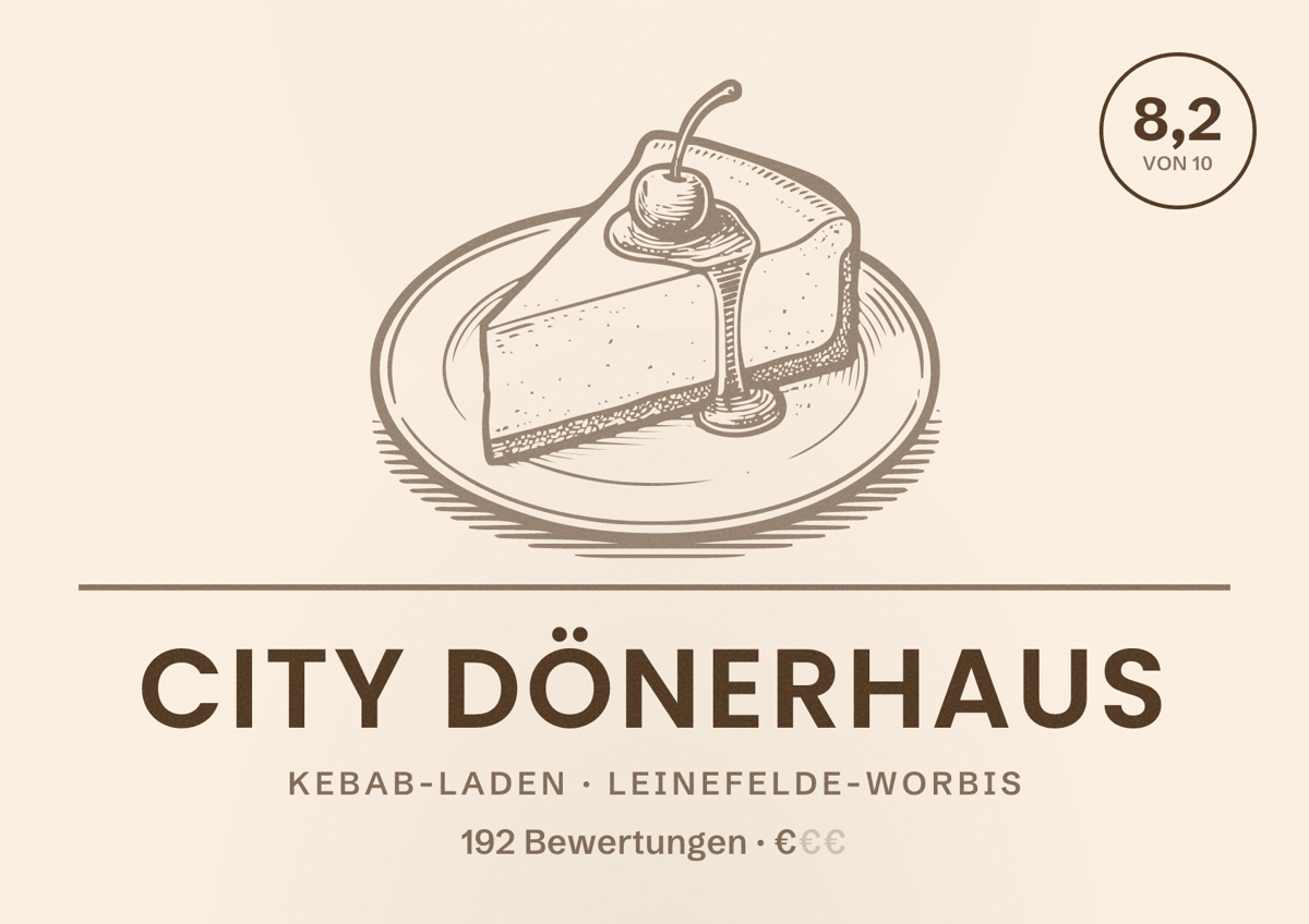Illustriertes Poster von City Dönerhaus, Kebab-Laden in Leinefelde-Worbis: Bewertung 8,2 von 10 aus 192 Bewertungen, Preisniveau €