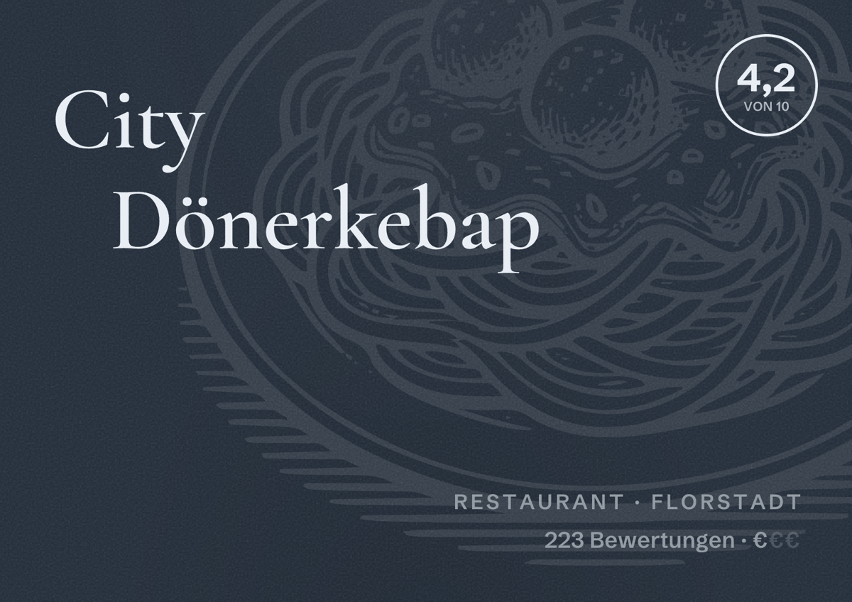 Illustriertes Poster von City Dönerkebap, Restaurant in Florstadt: Bewertung 4,2 von 10 aus 223 Bewertungen, Preisniveau €