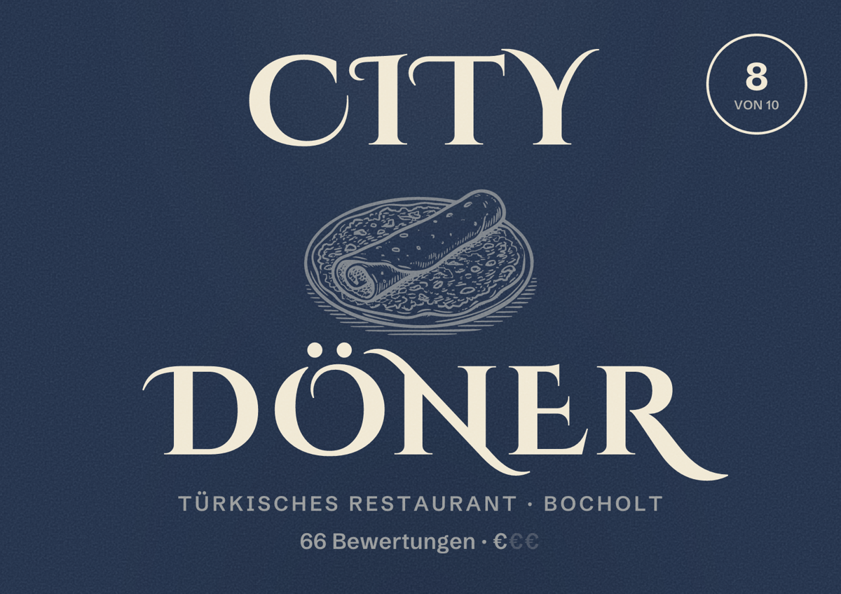 Illustriertes Poster von City Döner, Türkisches Restaurant in Bocholt: Bewertung 8 von 10 aus 66 Bewertungen, Preisniveau €