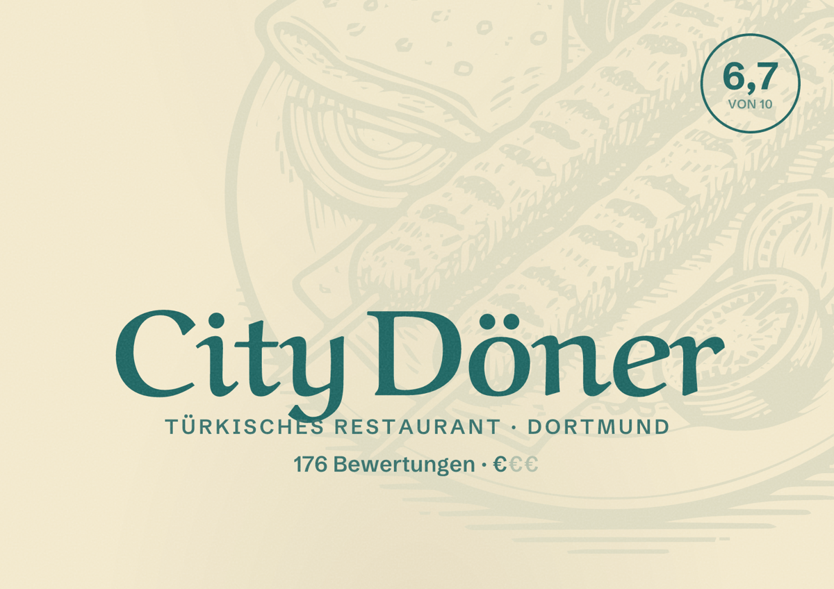 Illustriertes Poster von City Döner, Türkisches Restaurant in Dortmund: Bewertung 6,7 von 10 aus 176 Bewertungen, Preisniveau €