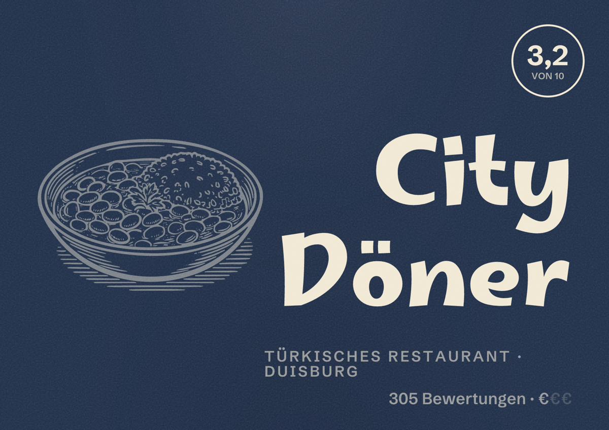 Illustriertes Poster von City Döner, Türkisches Restaurant in Duisburg: Bewertung 3,2 von 10 aus 305 Bewertungen, Preisniveau €