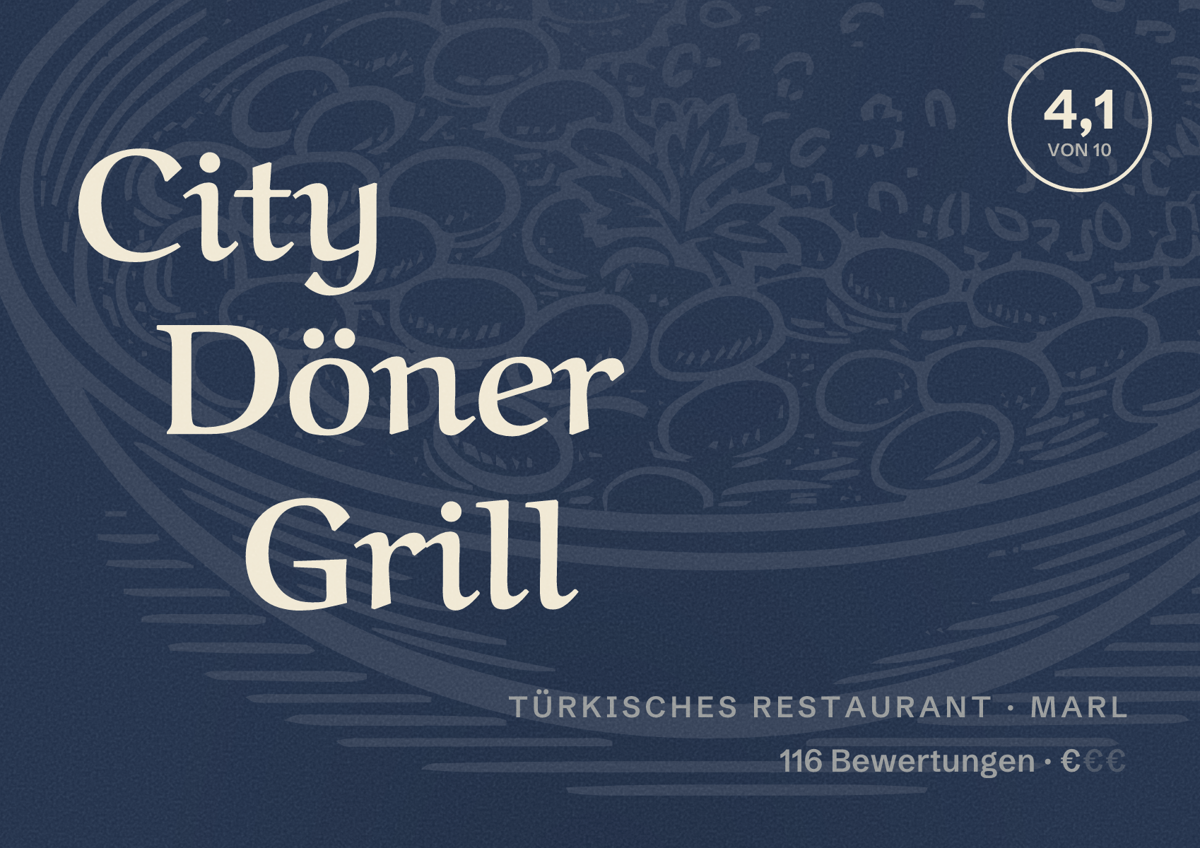 Illustriertes Poster von City Döner Grill, Türkisches Restaurant in Marl: Bewertung 4,1 von 10 aus 116 Bewertungen, Preisniveau €