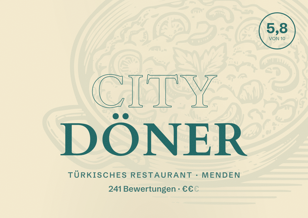 Illustriertes Poster von City Döner, Türkisches Restaurant in Menden: Bewertung 5,8 von 10 aus 241 Bewertungen, Preisniveau €€