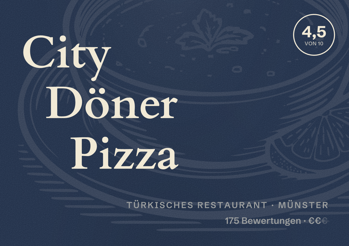 Illustriertes Poster von City Döner Pizza, Türkisches Restaurant in Münster: Bewertung 4,5 von 10 aus 175 Bewertungen, Preisniveau €€