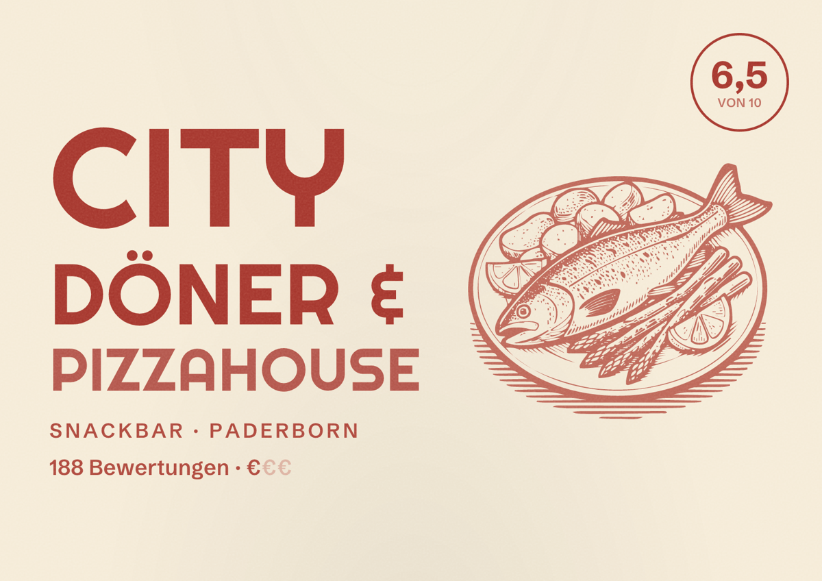 Illustriertes Poster von City Döner & Pizzahouse, Snackbar in Paderborn: Bewertung 6,5 von 10 aus 188 Bewertungen, Preisniveau €