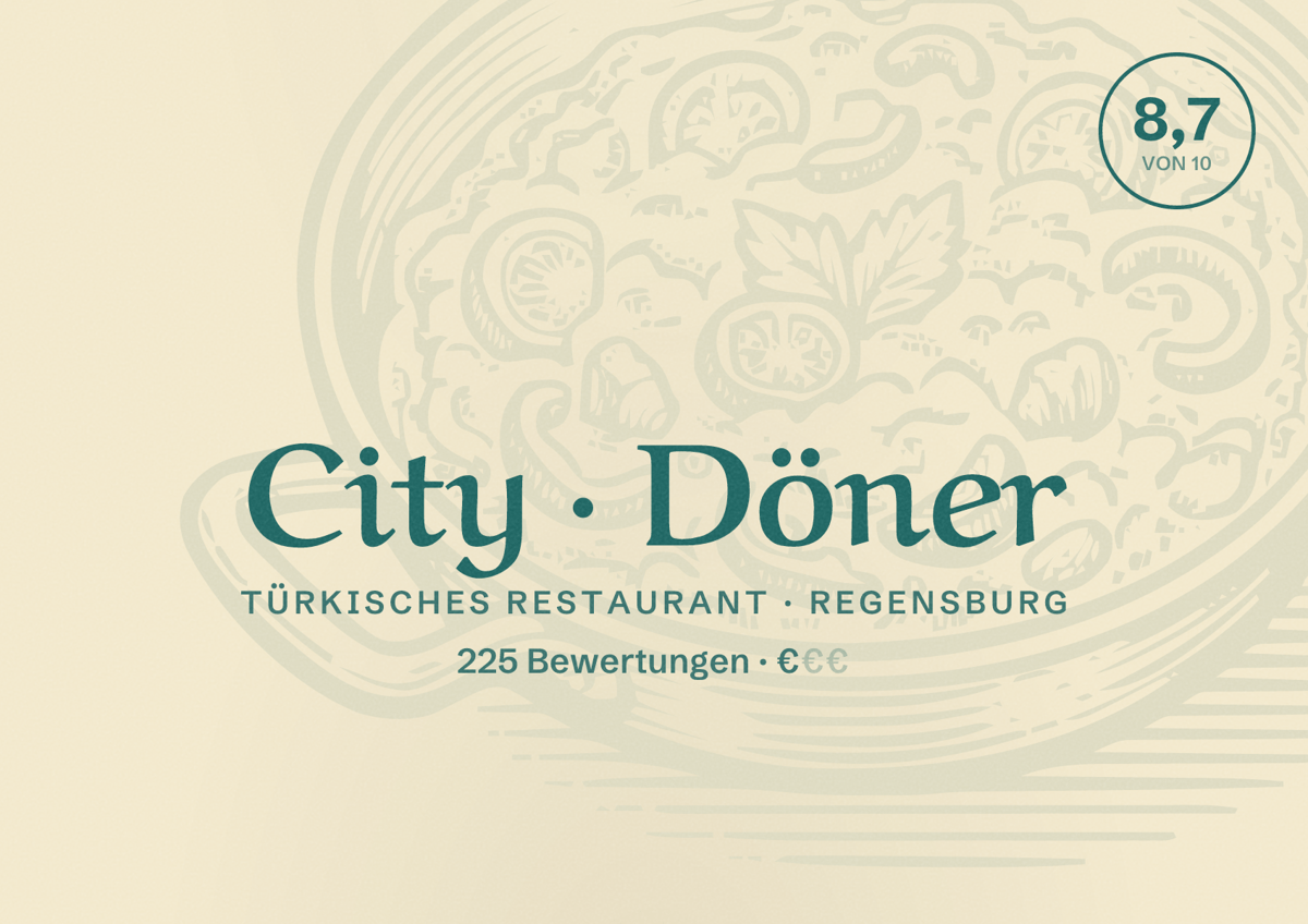 Illustriertes Poster von City Döner, Türkisches Restaurant in Regensburg: Bewertung 8,7 von 10 aus 225 Bewertungen, Preisniveau €