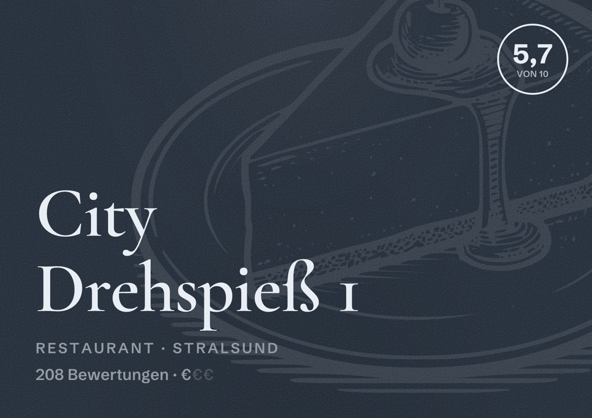 Illustriertes Poster von City Drehspieß 1, Restaurant in Stralsund: Bewertung 5,7 von 10 aus 208 Bewertungen, Preisniveau €