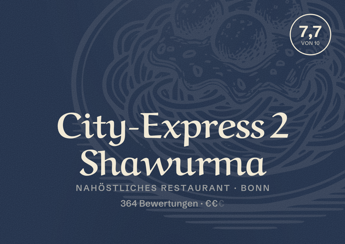 Illustriertes Poster von City-Express 2 Shawurma, Nahöstliches Restaurant in Bonn: Bewertung 7,7 von 10 aus 364 Bewertungen, Preisniveau €€