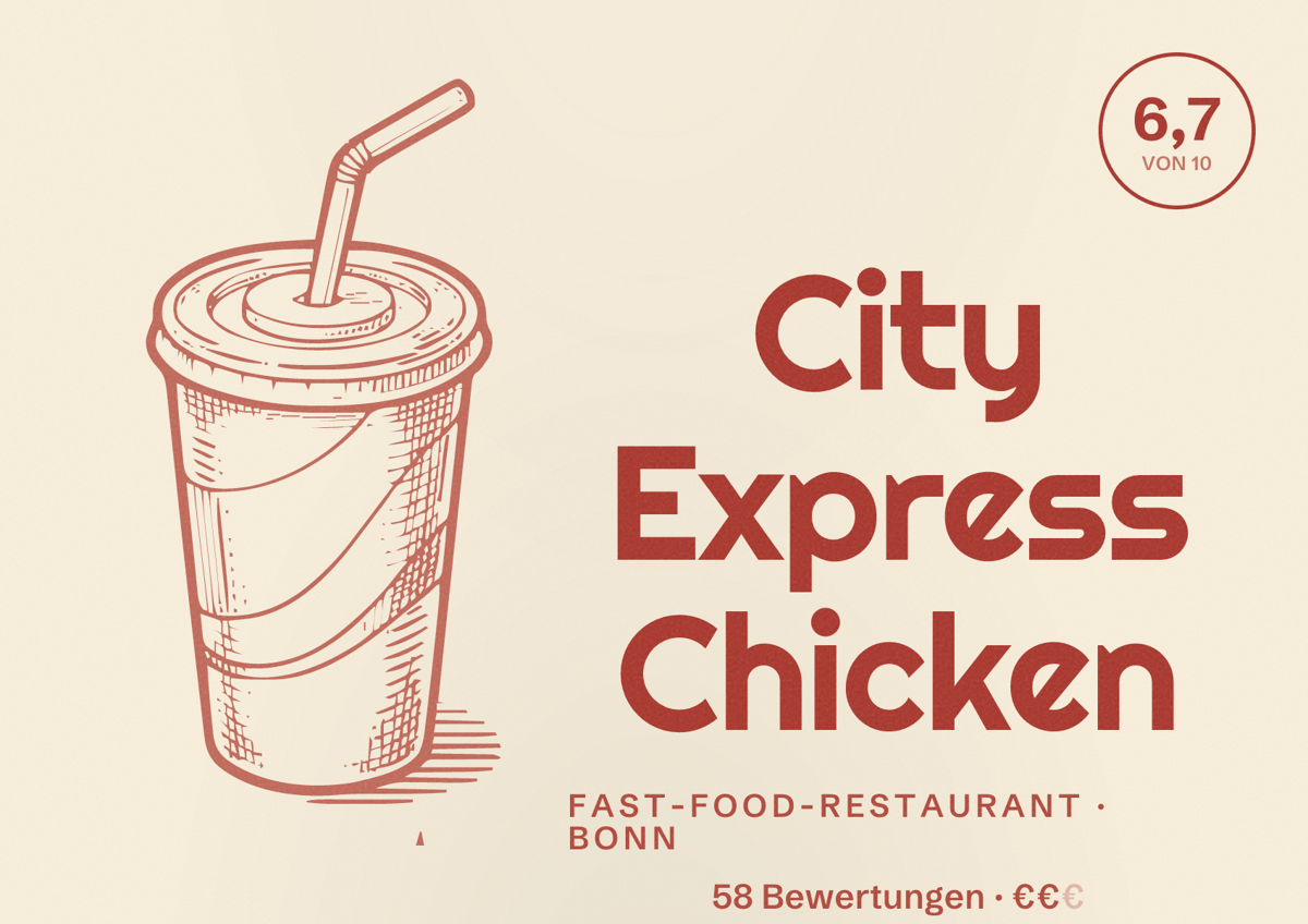 Illustriertes Poster von City Express Chicken, Fast-Food-Restaurant in Bonn: Bewertung 6,7 von 10 aus 58 Bewertungen, Preisniveau €€