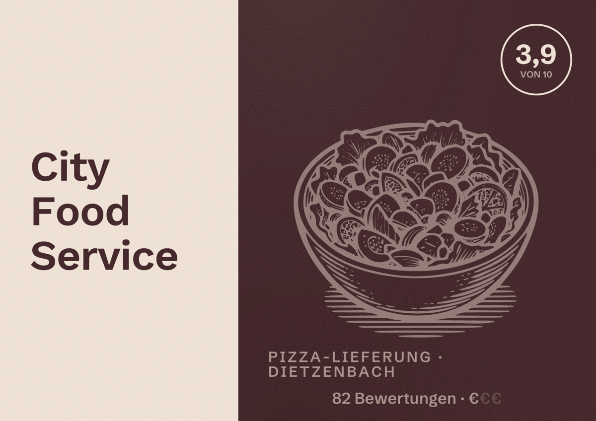 Illustriertes Poster von City Food Service, Pizza-Lieferung in Dietzenbach: Bewertung 3,9 von 10 aus 82 Bewertungen, Preisniveau €