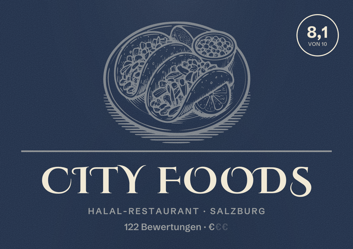 Illustriertes Poster von City foods, Halal-Restaurant in Salzburg: Bewertung 8,1 von 10 aus 122 Bewertungen, Preisniveau €