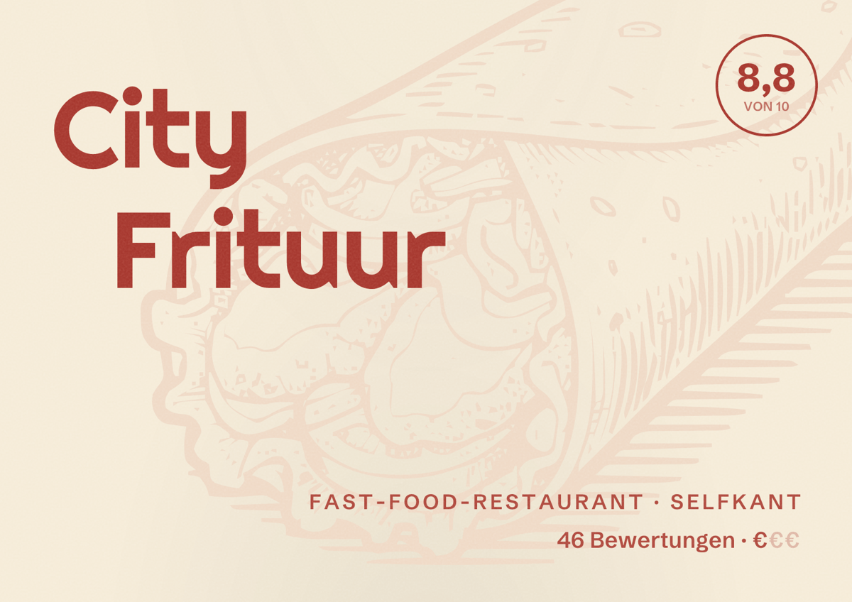Illustriertes Poster von City Frituur, Fast-Food-Restaurant in Selfkant: Bewertung 8,8 von 10 aus 46 Bewertungen, Preisniveau €