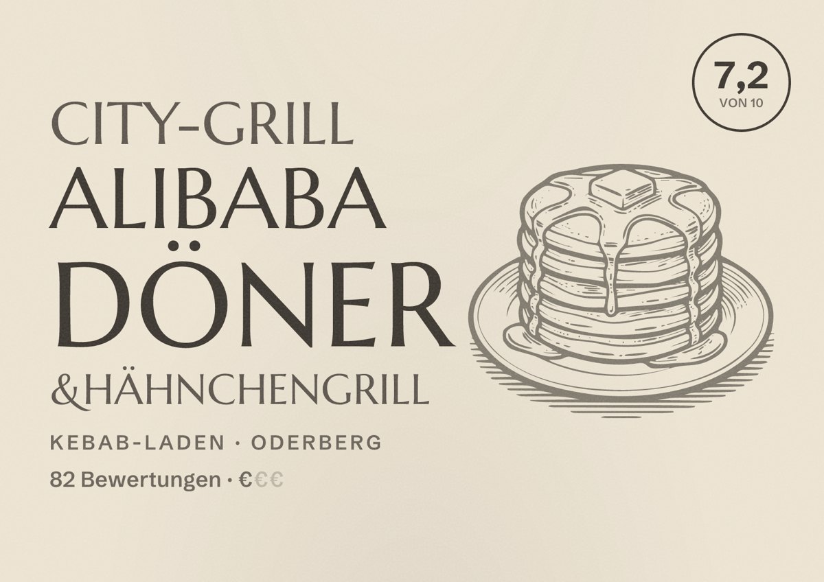Illustriertes Poster von City-Grill Alibaba Döner &Hähnchengrill, Kebab-Laden in Oderberg: Bewertung 7,2 von 10 aus 82 Bewertungen, Preisniveau €