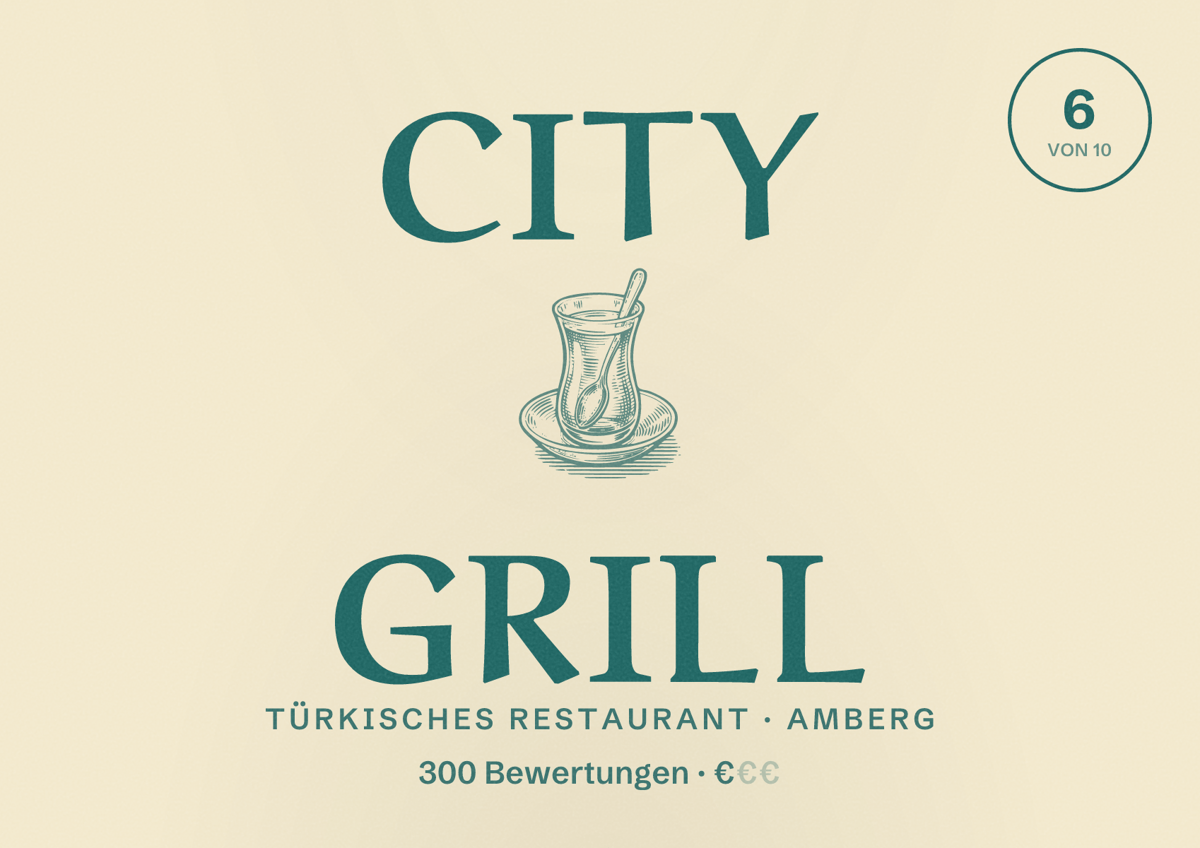 Illustriertes Poster von City Grill, Türkisches Restaurant in Amberg: Bewertung 6 von 10 aus 300 Bewertungen, Preisniveau €