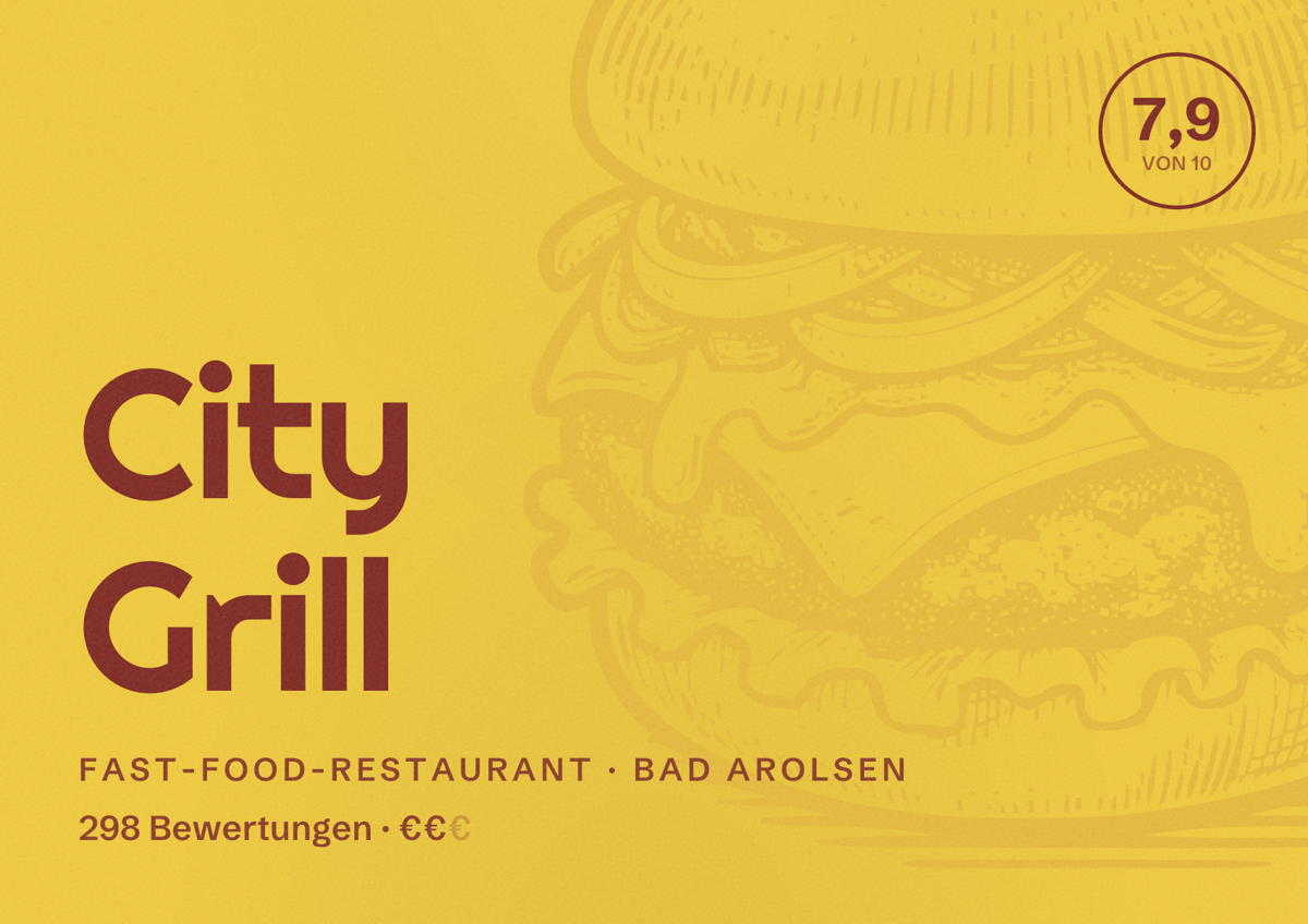 Illustriertes Poster von City Grill, Fast-Food-Restaurant in Bad Arolsen: Bewertung 7,9 von 10 aus 298 Bewertungen, Preisniveau €€