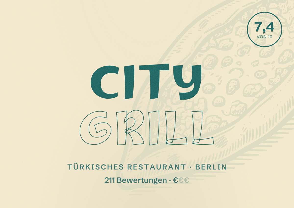 Illustriertes Poster von City Grill, Türkisches Restaurant in Berlin: Bewertung 7,4 von 10 aus 211 Bewertungen, Preisniveau €