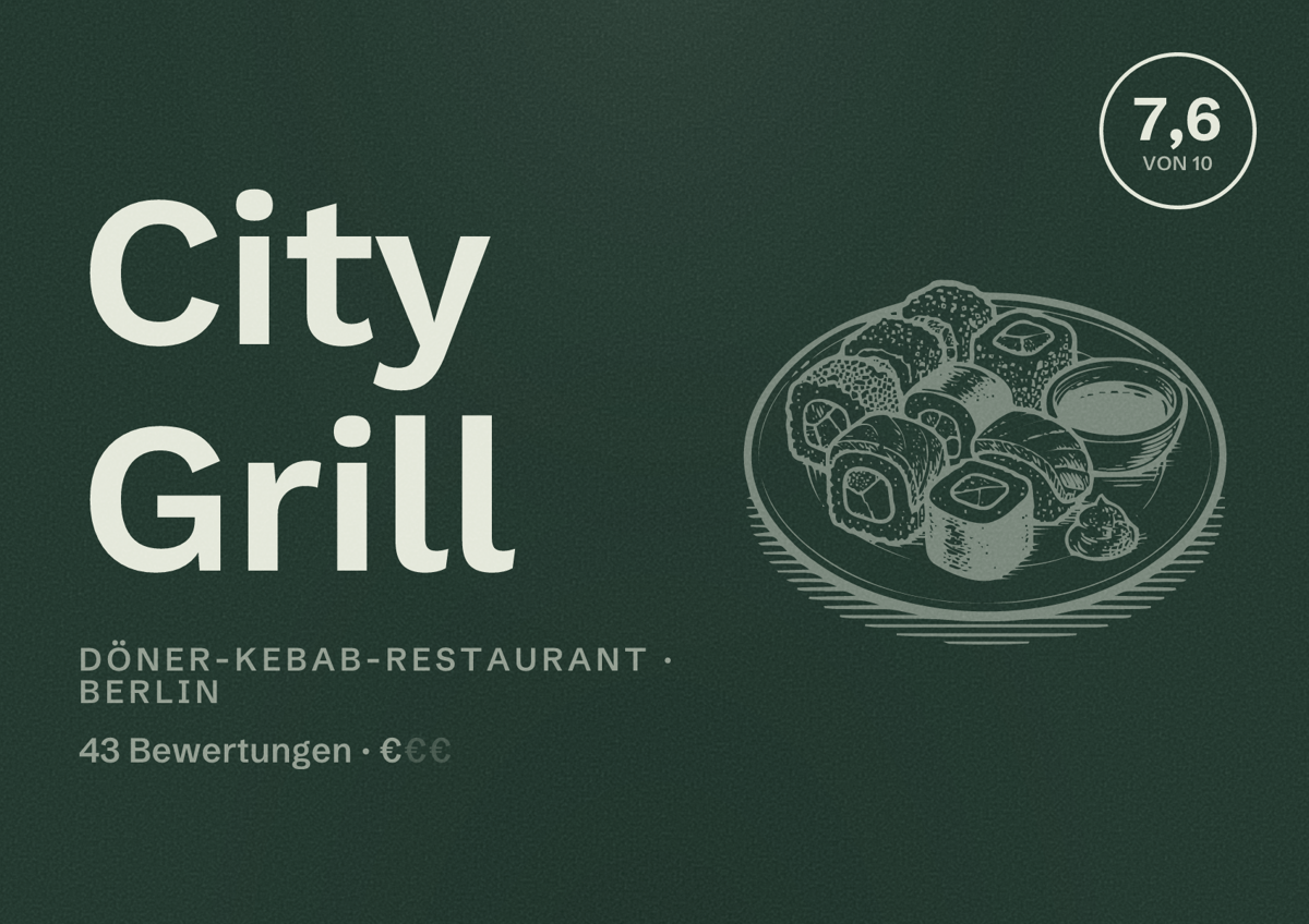 Illustriertes Poster von City Grill, Döner-Kebab-Restaurant in Berlin: Bewertung 7,6 von 10 aus 43 Bewertungen, Preisniveau €
