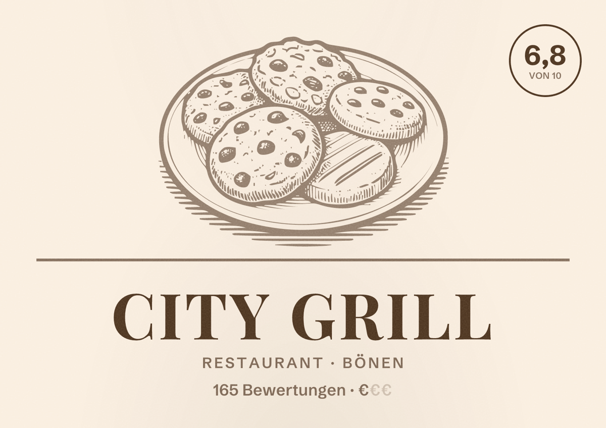 Illustriertes Poster von CITY GRILL, Restaurant in Bönen: Bewertung 6,8 von 10 aus 165 Bewertungen, Preisniveau €