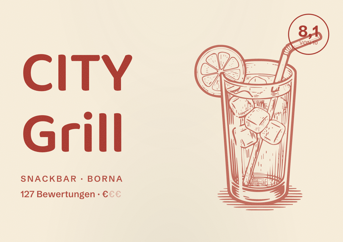 Illustriertes Poster von CITY Grill, Snackbar in Borna: Bewertung 8,1 von 10 aus 127 Bewertungen, Preisniveau €