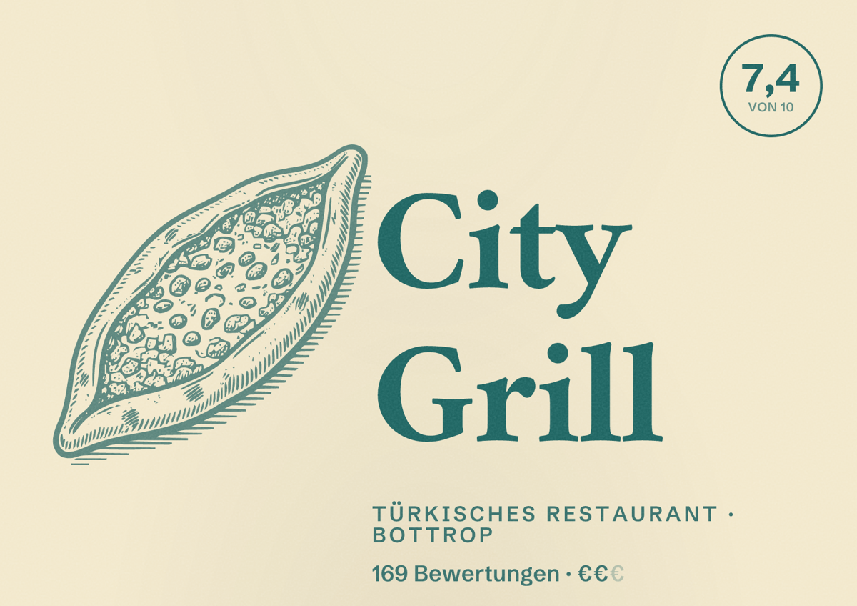 Illustriertes Poster von City Grill, Türkisches Restaurant in Bottrop: Bewertung 7,4 von 10 aus 169 Bewertungen, Preisniveau €€