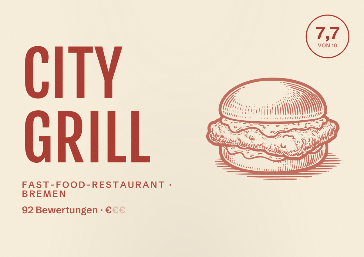 Illustriertes Poster von City Grill, Fast-Food-Restaurant in Bremen: Bewertung 7,7 von 10 aus 92 Bewertungen, Preisniveau €