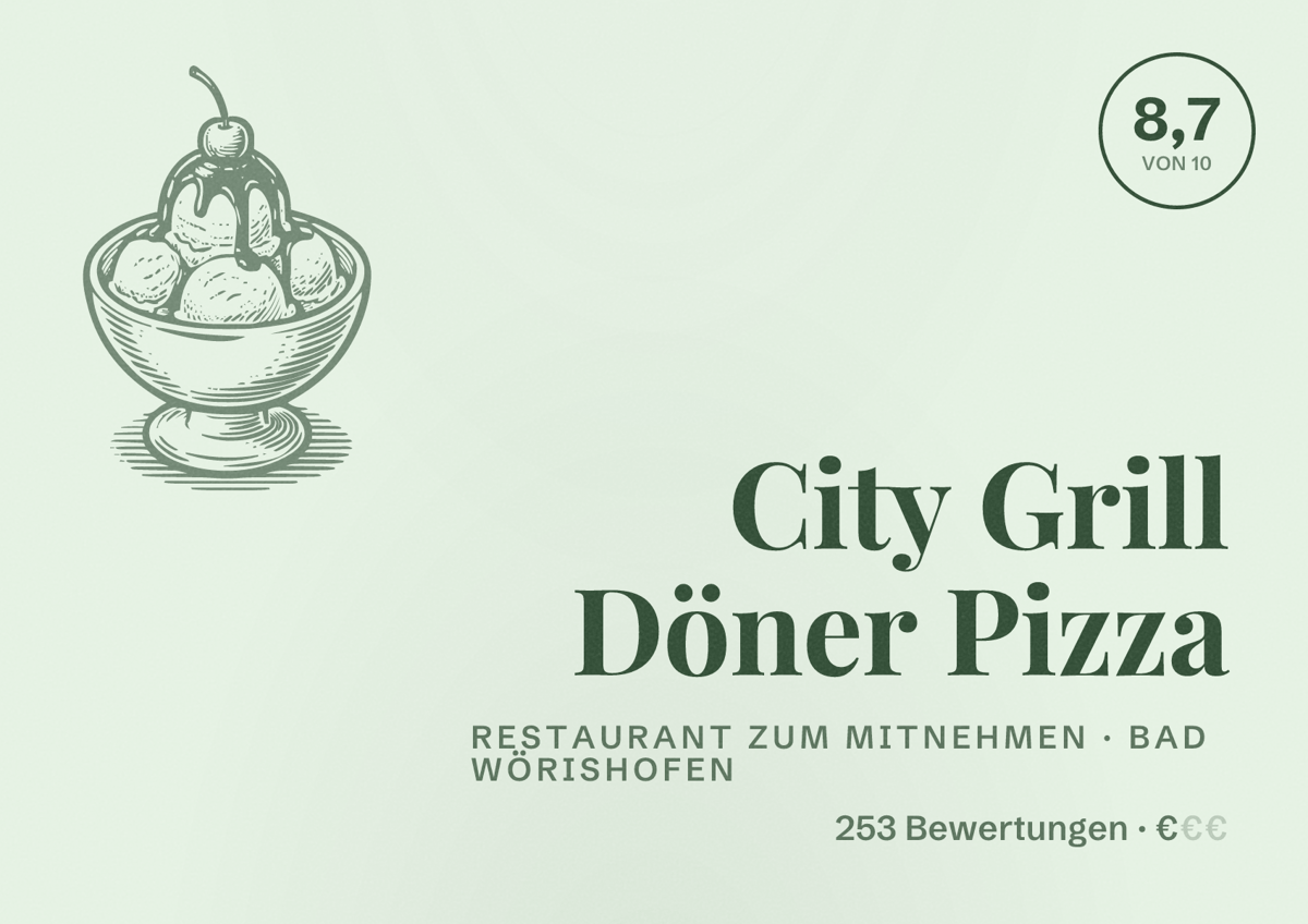 Illustriertes Poster von City Grill Döner Pizza, Restaurant zum Mitnehmen in Bad Wörishofen: Bewertung 8,7 von 10 aus 253 Bewertungen, Preisniveau €