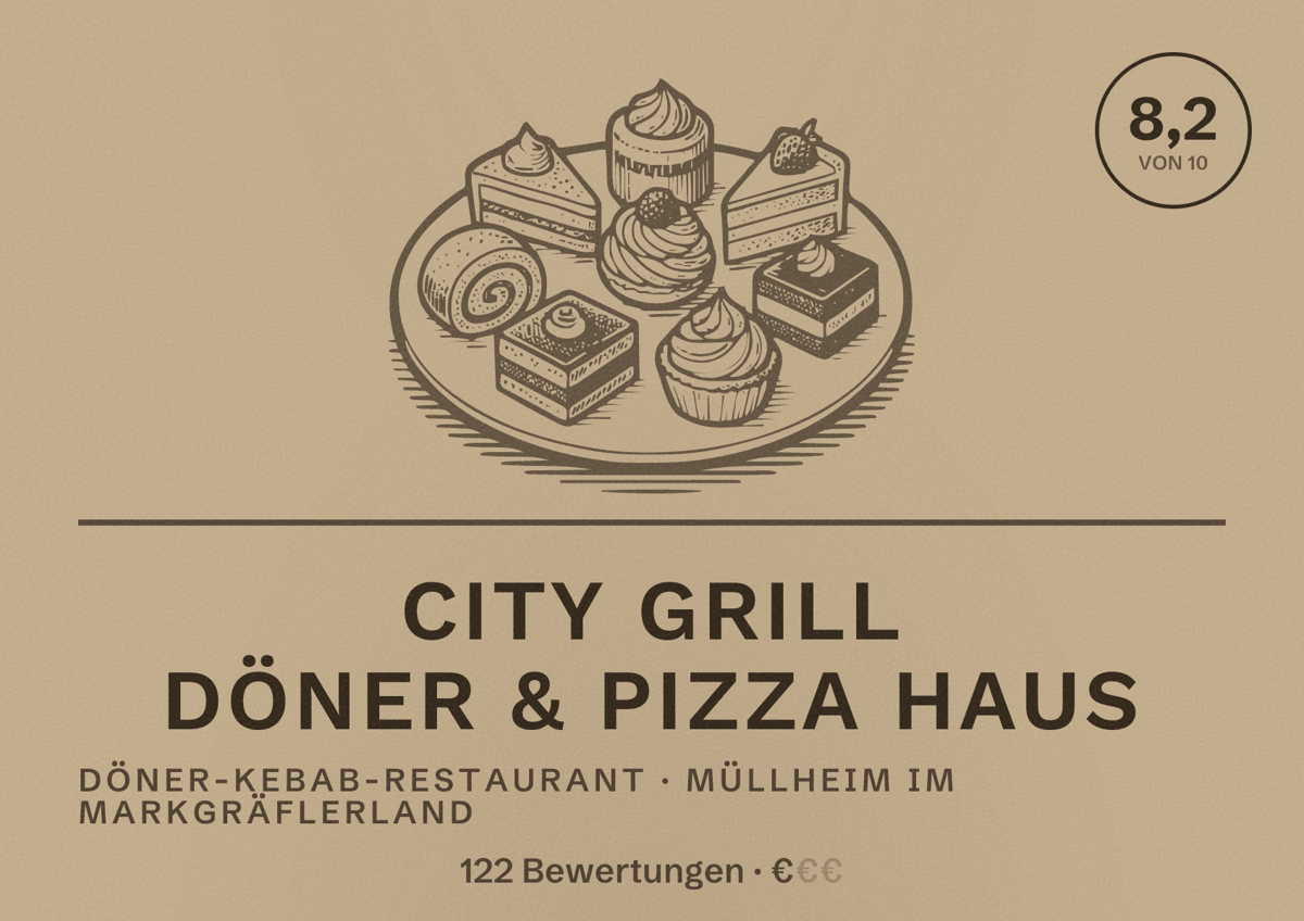 Illustriertes Poster von City Grill Döner & Pizza Haus, Döner-Kebab-Restaurant in Müllheim im Markgräflerland: Bewertung 8,2 von 10 aus 122 Bewertungen, Preisniveau €