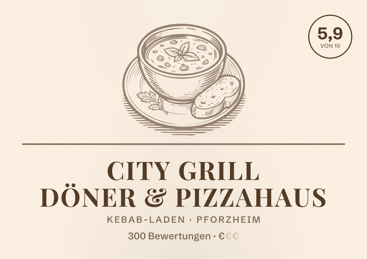 Illustriertes Poster von City Grill Döner & Pizzahaus, Kebab-Laden in Pforzheim: Bewertung 5,9 von 10 aus 300 Bewertungen, Preisniveau €
