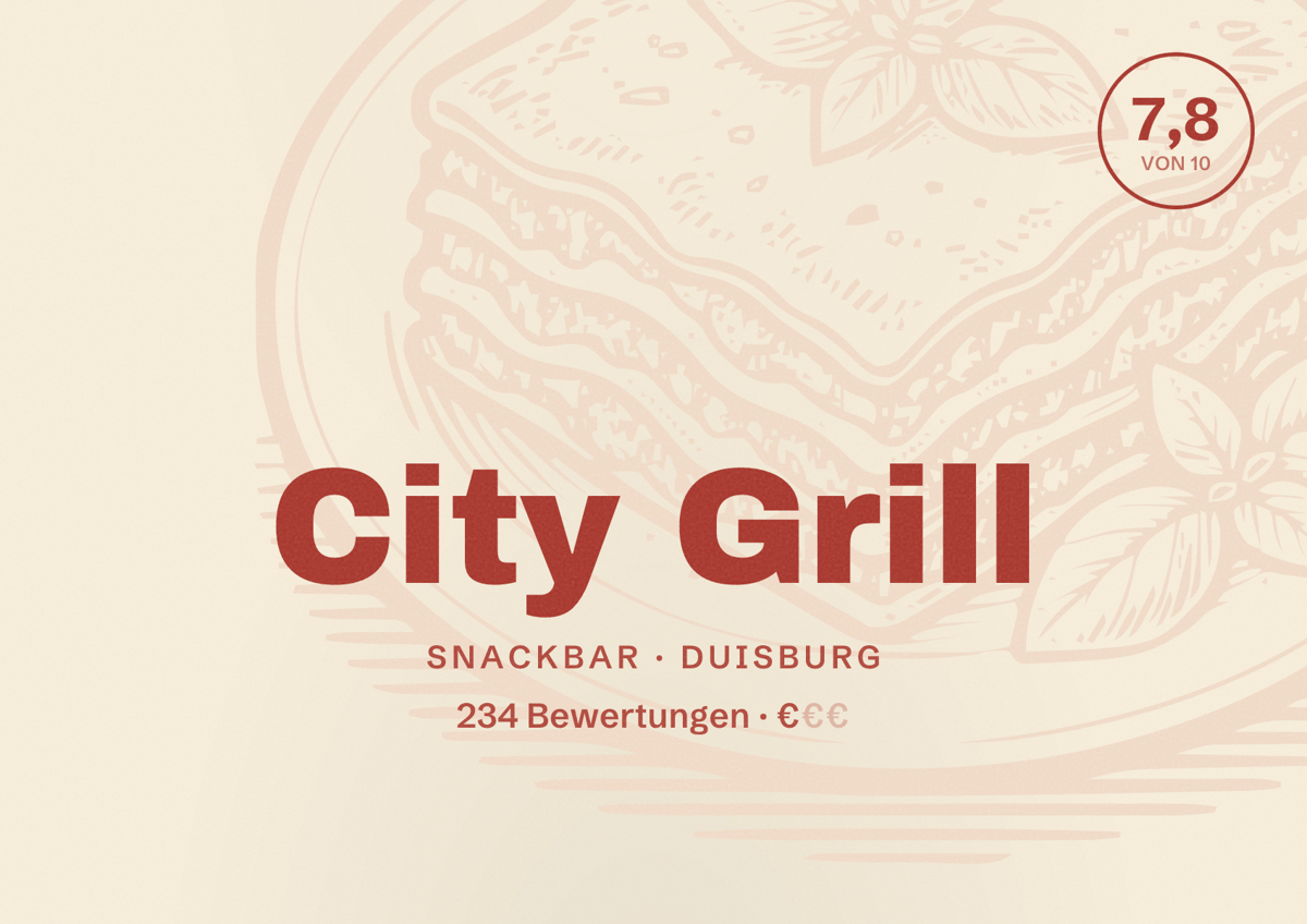 Illustriertes Poster von City Grill, Snackbar in Duisburg: Bewertung 7,8 von 10 aus 234 Bewertungen, Preisniveau €